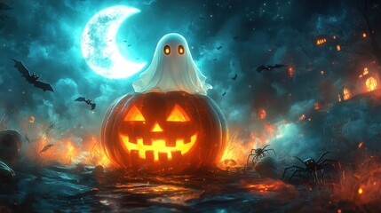 A cute ghost rising from a jack-o'-lantern with a crescent moon and bats in the background, surrounded by spiders in a dark, spooky setting.