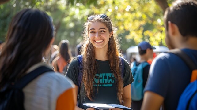 Capture the excitement of students gathering at a campus event designed to welcome them to the new semester, with informational booths and cheerful interactions.