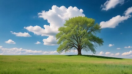 Obraz premium A solitary tree stands tall in a field of green grass under a blue sky with white clouds.