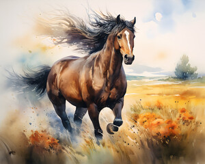 Obraz premium vintage painting of horses. Rural landscape with a horse. Watercolor.