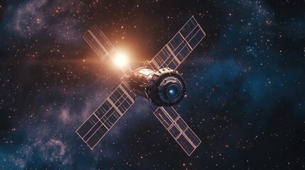 Naklejka premium A satellite in deep space sending data back to Earth, symbolizing the importance of communication technology in space.
