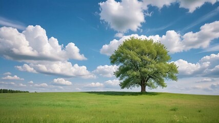 Obraz premium A single tree stands tall in a grassy field under a blue sky with white clouds.