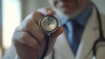 Doctor's Hand Holding a Stethoscope: A close-up of a doctor's hand gripping a stethoscope, with a soft-focus background of a medical room. 
