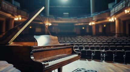 A grand piano sits in an empty concert hall, highlighting the elegance and anticipation of a...