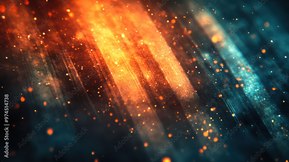 Poster abstract background with glowing particles and light streaks in orange and teal tones, creating a st