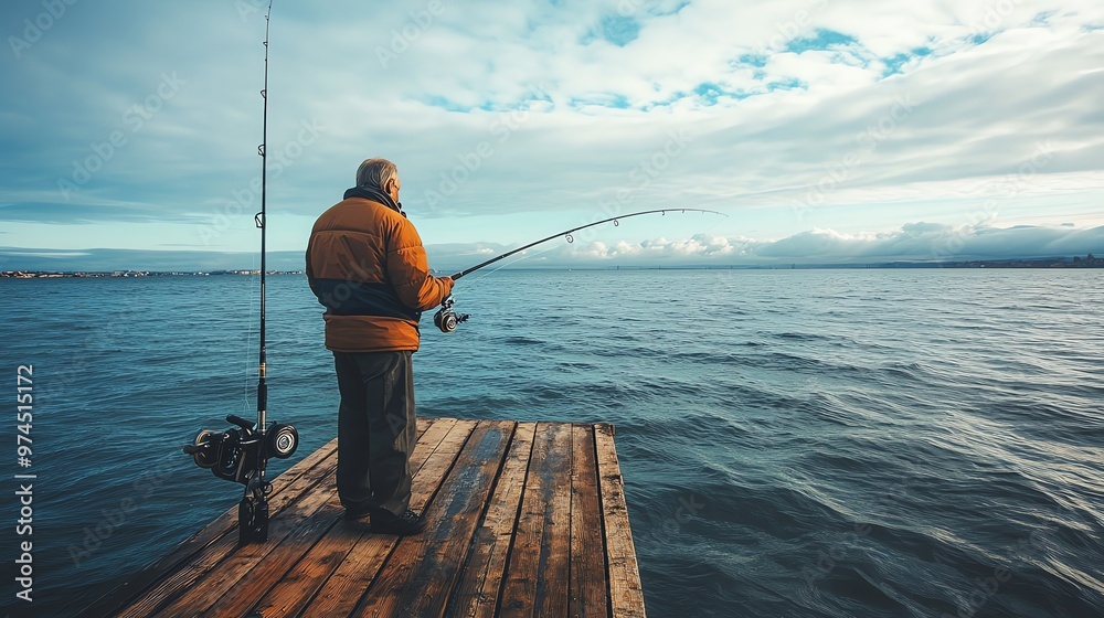 Canvas Prints A man fishing on a wooden pier overlooking the ocean.