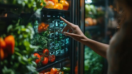 Obraz premium A detailed shot of a smart refrigerator interface showing AI-driven meal suggestions, with a person hand selecting an option.