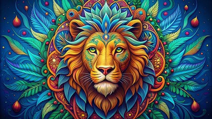 A vibrant, colorful illustration of a majestic lion's regal head, surrounded by intricate patterns and leaves, set against a bold, gradient blue background.