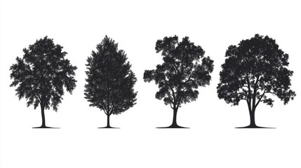 Fototapeta premium Set of black silhouette cedar elm trees isolated on a clean white background.