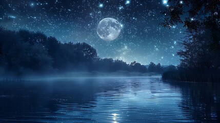 Fototapeta premium Night Sky with Full Moon and Stars Reflected in Calm Lake Water