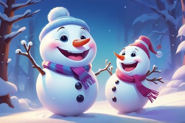 Two cute happy snowmen in hats and scarf with buttons in a snowy forest.