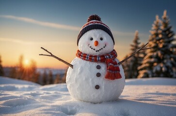 Obraz premium Smiling snowman in a cute hat with a pom-pom and a scarf against the background of a sunset and a snowy forest.