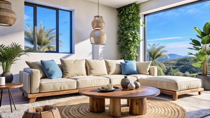 Boho interior design of modern living room, home. Live edge coffee table near beige sofa.
