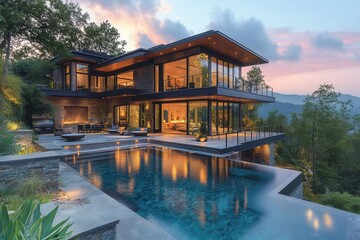 Fototapeta premium contemporary mansion with floortoceiling windows cantilevered balconies and a infinity pool overlooking a scenic landscape warm lighting creates an inviting ambiance at dusk