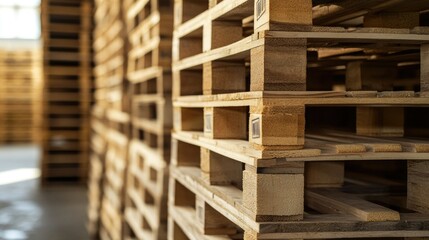 Stacks of wooden shipping pallets neatly organized in a warehouse, ready for distribution.