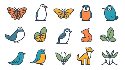 Fototapeta premium Set of Colorful Line Art Animal and Plant Icons