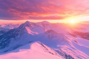 Pink Sunset over Snow-Covered Mountain Range