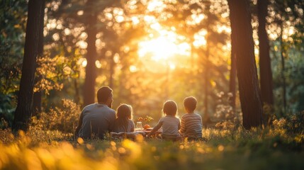 A family enjoying a picnic in a forest, surrounded by nature, emphasizing the beauty of preserving natural environments.