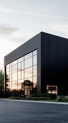 Obraz premium A modern industrial building with black and white metal cladding, featuring large windows for natural light and steel frames