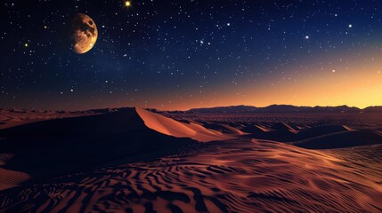 The desert at night with a bright moon rising over the horizon and stars glittering in the clear, dark sky above.