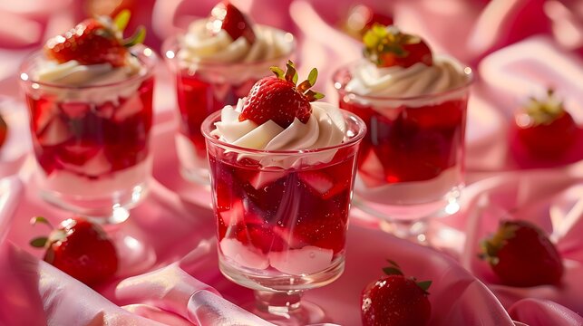 Valentines Day themed strawberry jelly parfait desserts on pink cloth