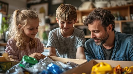 Fototapeta premium A family sorting recycling at home, teaching children the importance of sustainability and eco-friendly practices.