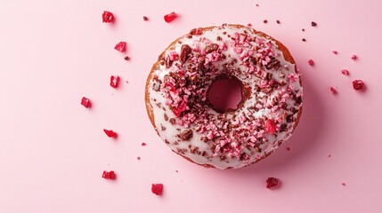 Sweet tiramisu doughnut with messy toppings viewed from the top, isolated on a pink background.