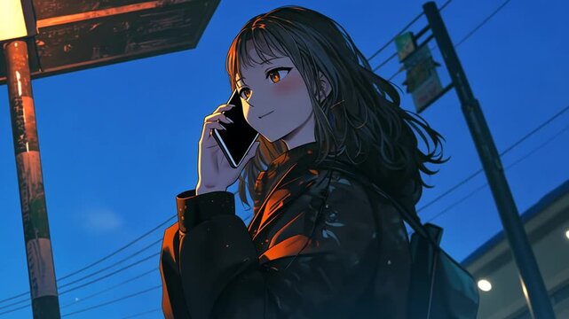 Young Woman Using a Cellphone at Night Under Streetlights in the City Generative AI