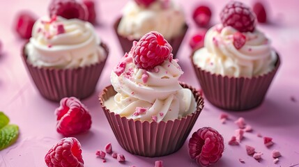 Vanilla ice cream with fresh raspberries in little cups made of chocolate on pink and purple background