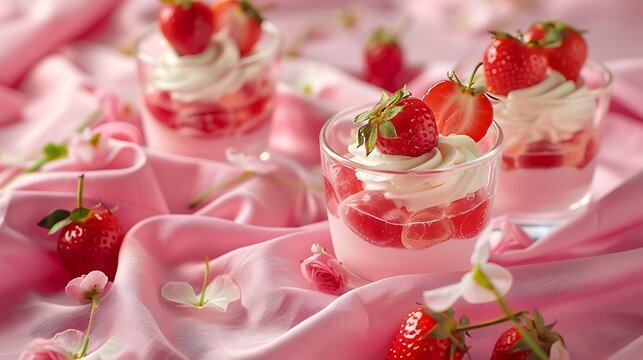 Valentines Day themed strawberry jelly parfait desserts on pink cloth