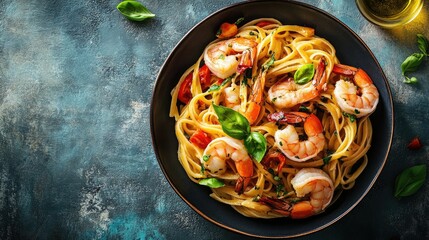 Tasty homemade Italian prawn and shrimp linguine pasta captured from above, highlighting the dish rich colors and appetizing look