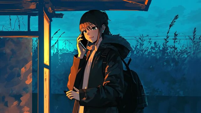 Young Person Using a Cellphone at a Bus Stop on a Quiet Night Generative AI