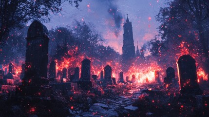 Fototapeta premium Burning Graveyard with Church Tower and Glowing Embers