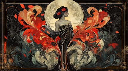 Woman with Red Flowers in Art Nouveau Style