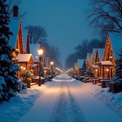 Cozy Christmas street scene with snow covered houses and soft glowing streetlights