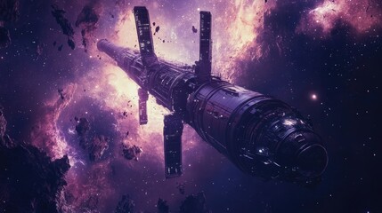 Naklejka premium A space elevator concept, reaching into the stars, symbolizing futuristic advancements in space technology and travel.