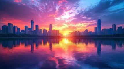 Obraz premium Cityscape Reflection in Water at Sunset
