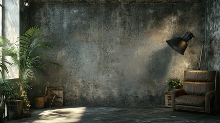 Serene Industrial Loft Interior with Vintage Armchair and Potted Plants