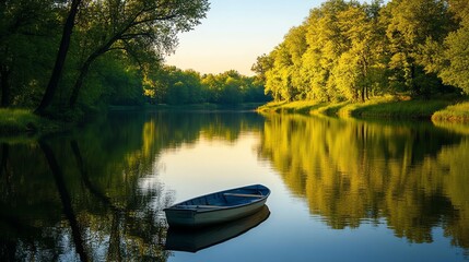 Obraz premium A small boat floats on a calm river in a forest.
