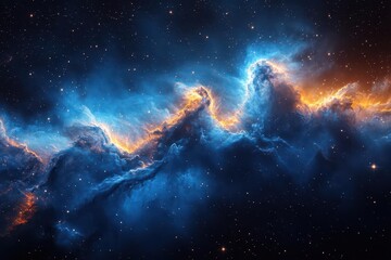 Naklejka premium cosmic vista of swirling azure nebula against inky black space distant stars twinkle through gossamer clouds of stardust evoking wonder and possibility