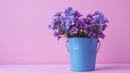 Fototapeta premium Violet flowers in blue metal bucket on pink and purple background