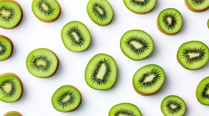 Fototapeta premium Whole and sliced kiwis spread across a white background, their green flesh and brown skin creating a bold, fresh contrast.