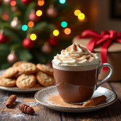 Cozy hot chocolate with whipped cream cinnamon and Christmas cookies by a twinkling tree