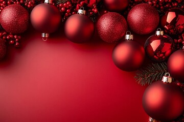 Red Christmas baubles decoration on red background with copy space. New Year greeting card. Minimal style. Flat lay