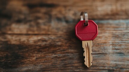 A close-up shot of a single key with a red top resting on a textured wooden table, representing security and ownership in a warm and rustic setting.