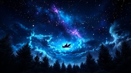 Obraz premium Christmas Night Sky with Santa Claus Sleigh and Stars