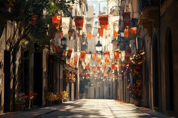 A peaceful morning scene with the streets of Barcelona decorated with La Mercè banners and flags, before the day's celebrations begin.