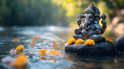 A scene of a small Ganesha idol placed near a riverbank.