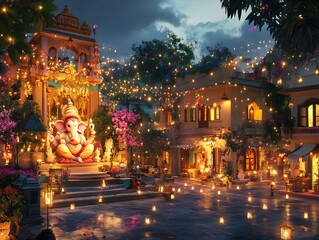 A night scene of Ganesha Chaturthi festivities with homes and streets illuminated by lanterns.
