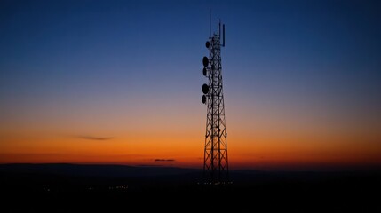The dramatic profile of a communication tower at twilight, with its lights and antennas casting a striking silhouette against the evening sky.